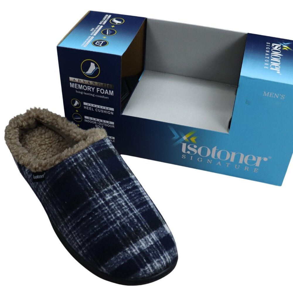 Isotoner Signature Memory Foam Indoor/Outdoor Mens Slippers NIB Navy/White Plaid